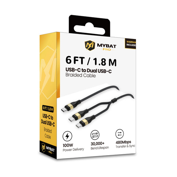 MyBat Pro 100W USB-C to Dual USB-C Braided Charging Cable - 6FT - Black - RCBC2CMO20BK18-100-1.JPG