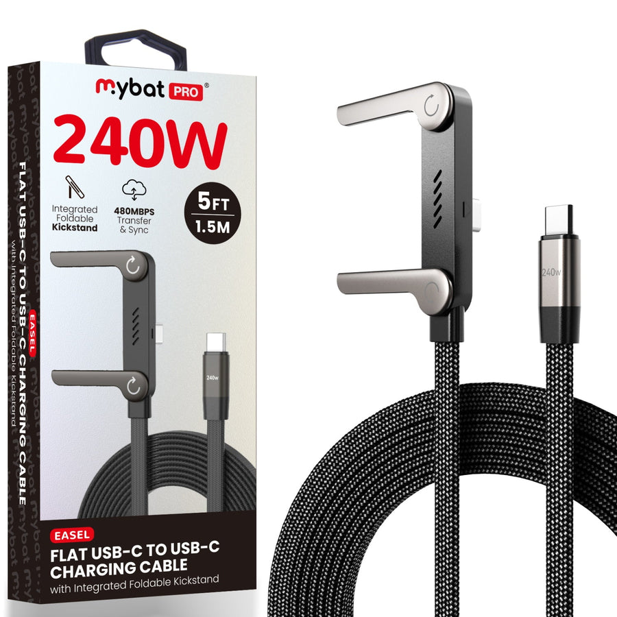 MyBat Pro 240W Easel Flat USB-C Charging Cable with Foldable Kickstand - 5FT - Black