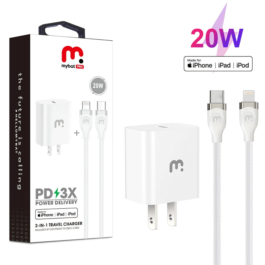 MyBat Pro 2-In-1 Fast Charging Power Delivery Wall Charger (20W) with USB-C to MFi Lightning Cable - White - RCGTRAFLCMO40W12.JPG