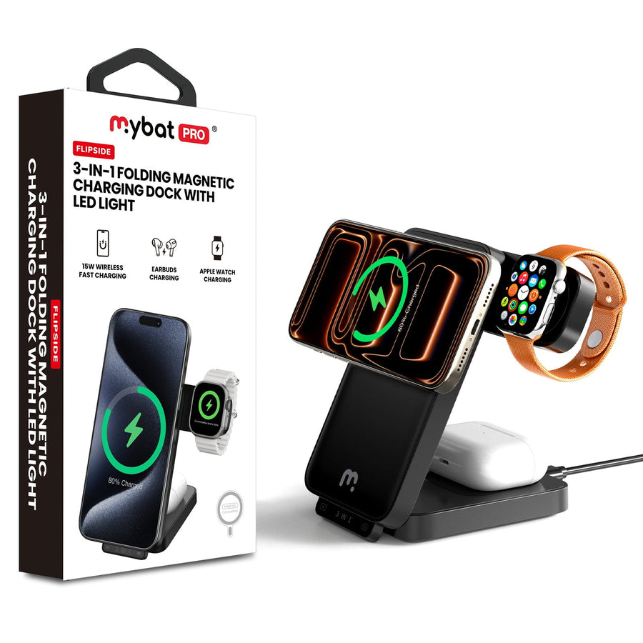 MyBat Pro FlipSide 3-in-1 Folding Magnetic Charging Dock with LED Light - Black