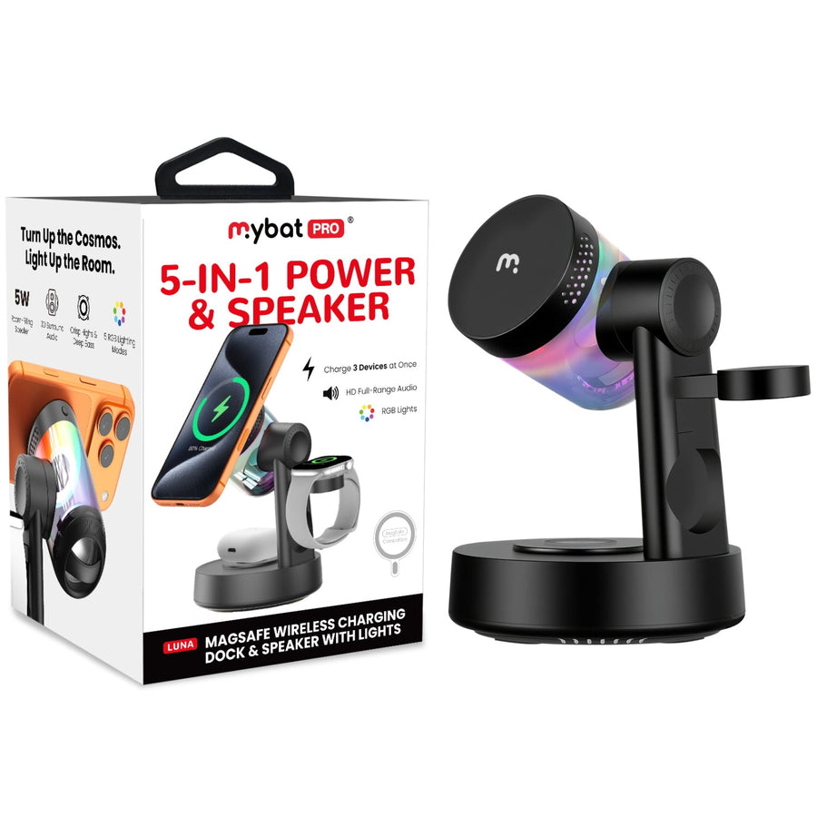 MyBat Pro Luna 5-in-1 MagSafe Wireless Charging Dock & Speaker with Lights - Black