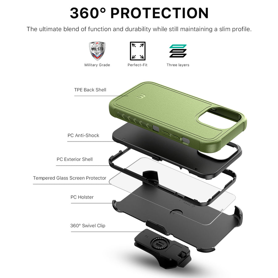 MyBat Pro Antimicrobial Maverick Series Case with Holster and Tempered Glass for Apple iPhone 12 / 12 Pro (6.1) - Army Green / Black - RIP12PCS3NXS004-8.JPG