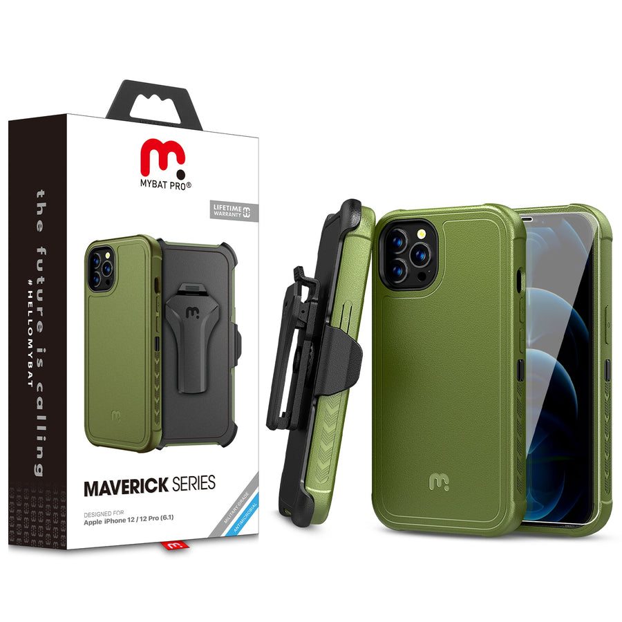 MyBat Pro Antimicrobial Maverick Series Case with Holster and Tempered Glass for Apple iPhone 12 / 12 Pro (6.1) - Army Green / Black - RIP12PCS3NXS004.JPG