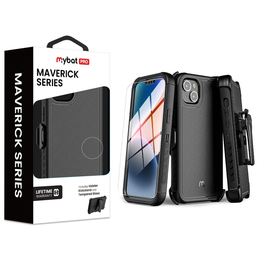 MyBat Pro Maverick Series Case w/ Holster and Tempered Glass for Apple iPhone 17e / 16e / 14 / 13 - Black