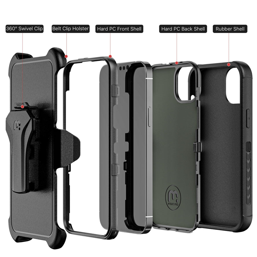 MyBat Pro Antimicrobial Maverick Series Case with Holster and Tempered Glass for Apple iPhone 14 Pro - Black / Black - RIP14PCS3NXS001-3.JPG