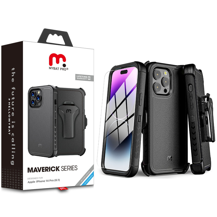 MyBat Pro Antimicrobial Maverick Series Case with Holster and Tempered Glass for Apple iPhone 14 Pro - Black / Black - RIP14PCS3NXS001.JPG
