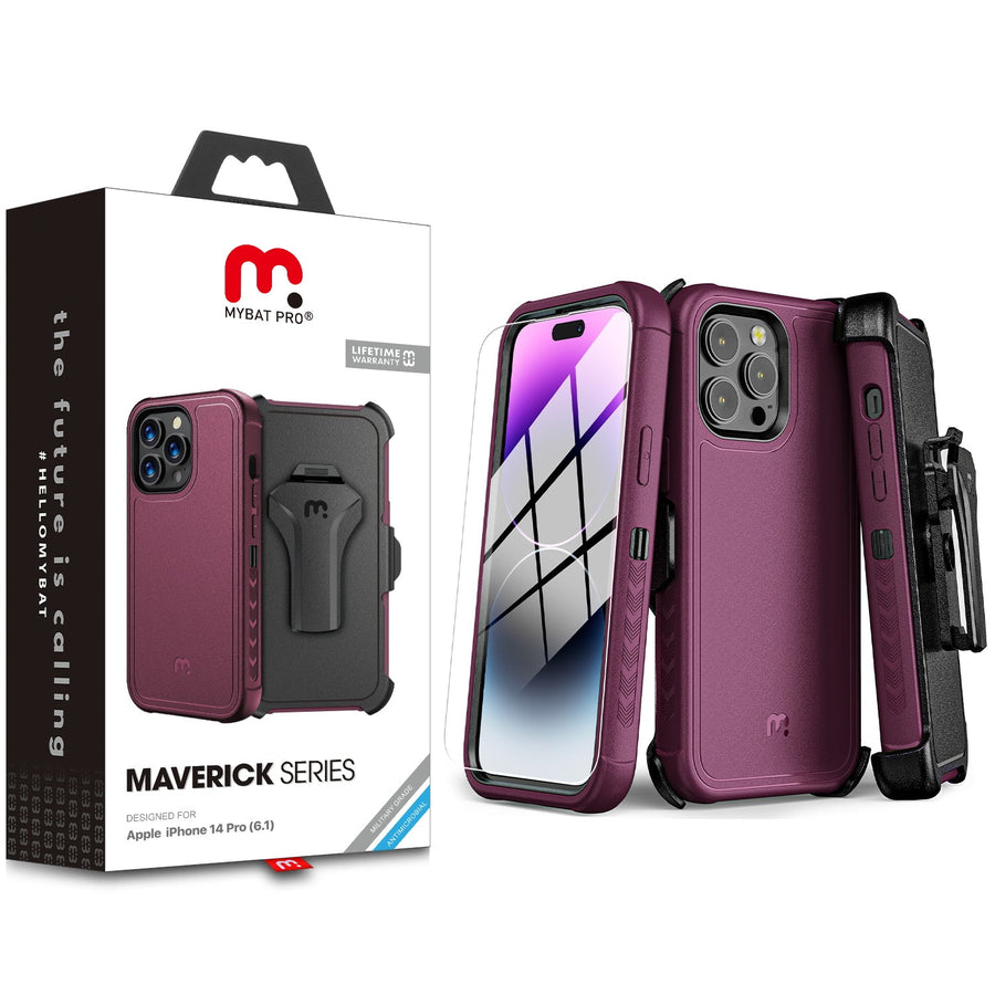 MyBat Pro Maverick Series Case w/ Holster and Tempered Glass for Apple iPhone 14 Pro - Plum