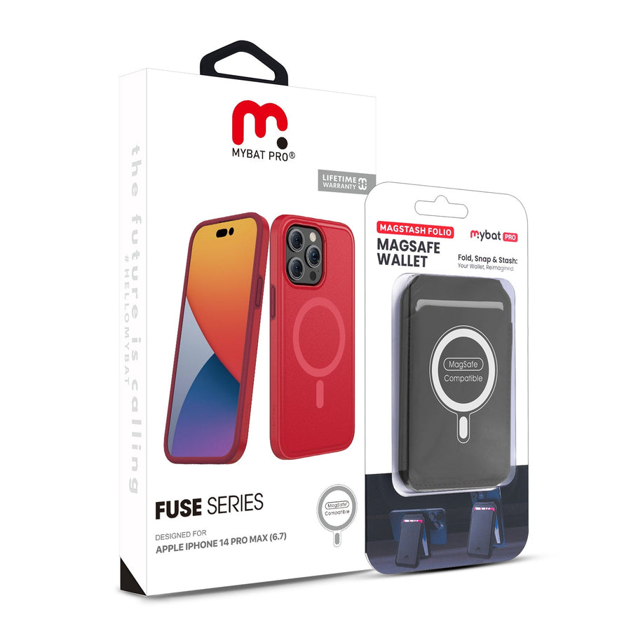 MyBat Pro Fuse Series Case Bundle + MagStash Wallet Folio for Apple iPhone 14 Pro Max - Red / Black