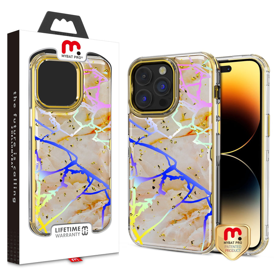 MyBat Pro TUFF Kleer Hybrid Case for Apple iPhone 14 Pro Max - Pale Yellow Marbling / Electroplating Gold