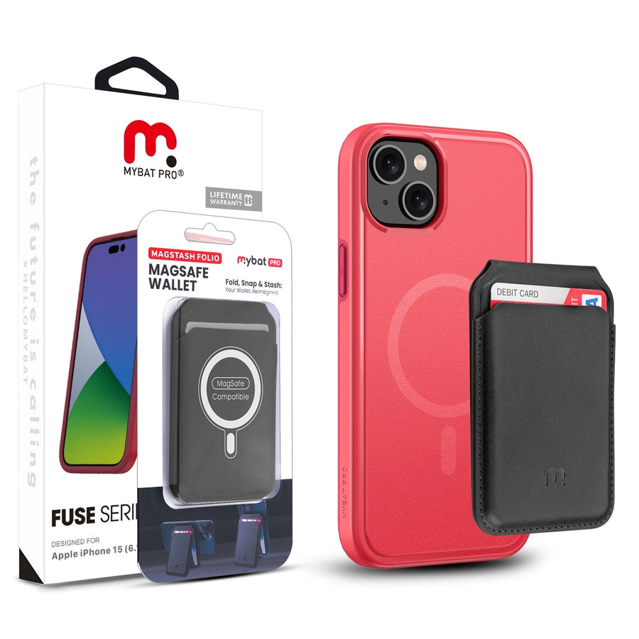 MyBat Pro Fuse Series Case Bundle + MagStash Wallet Folio for Apple iPhone 15 - Red / Black