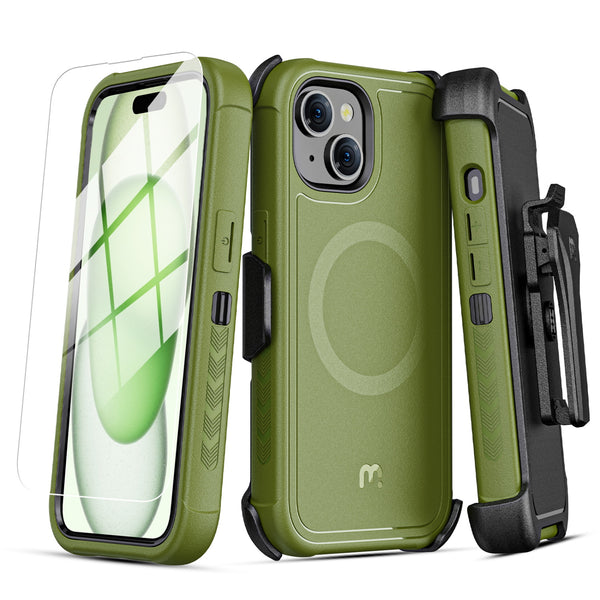 MyBat Pro Maverick Series MagSafe Case w/ Holster and Tempered Glass for Apple iPhone 15 Plus - Army Green - RIP15MCS3NXMS004-2.jpg