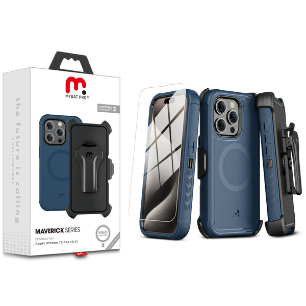 MyBat Pro Maverick Series MagSafe Case w/ Holster and Tempered Glass for Apple iPhone 15 Pro - Blue - RIP15PCS3NXMS002-1.jpg