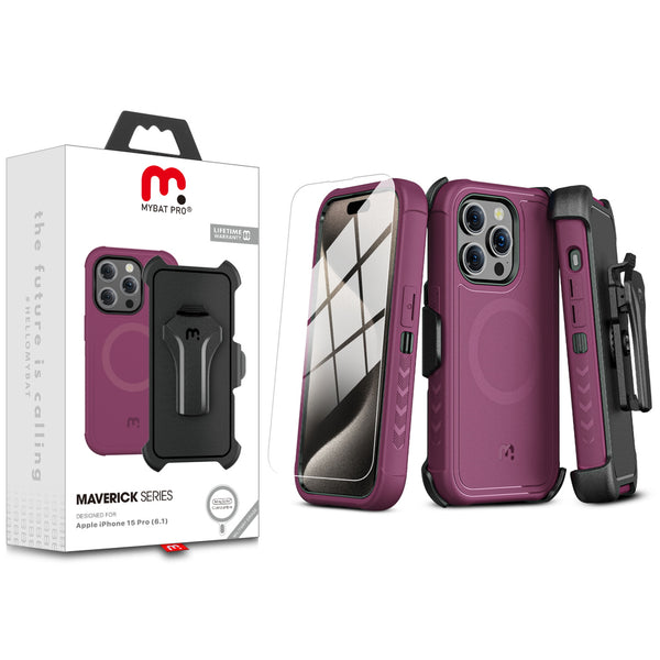 MyBat Pro Maverick Series MagSafe Case w/ Holster and Tempered Glass for Apple iPhone 15 Pro - Plum - RIP15PCS3NXMS003-1.jpg