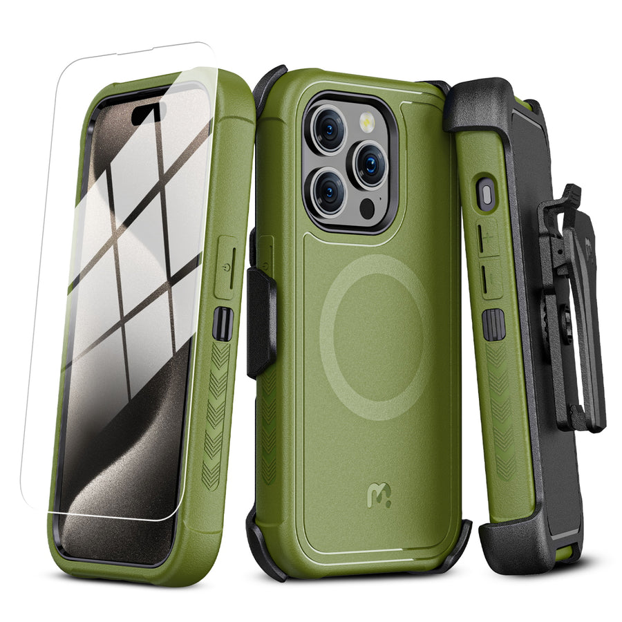 MyBat Pro Maverick Series MagSafe Case w/ Holster and Tempered Glass for Apple iPhone 15 Pro - Army Green - RIP15PCS3NXMS004-2.jpg