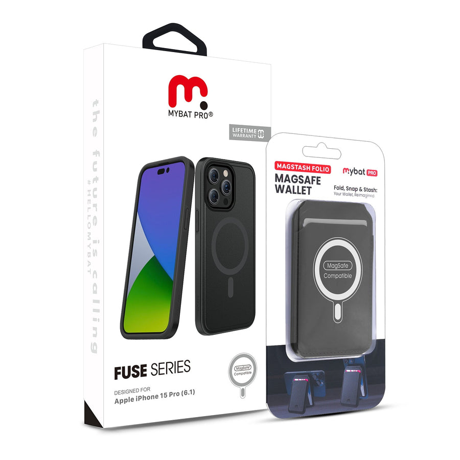 MyBat Pro Fuse Series Case Bundle + MagStash Wallet Folio for Apple iPhone 15 Pro - Black