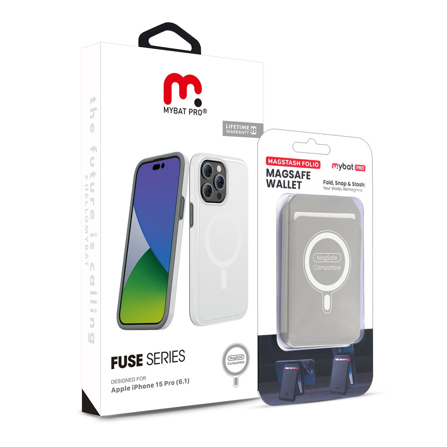 MyBat Pro Fuse Series Case Bundle + MagStash Wallet Folio for Apple iPhone 15 Pro - White / Gray