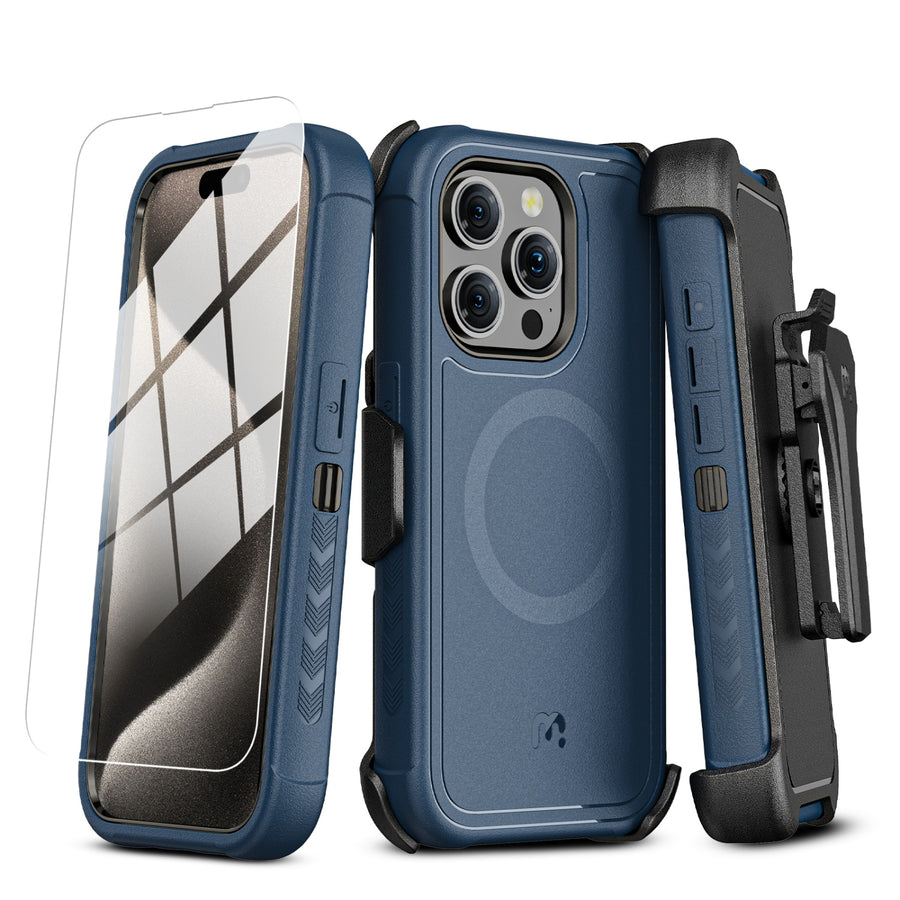 MyBat Pro Maverick Series MagSafe Case w/ Holster and Tempered Glass for Apple iPhone 15 Pro Max - Blue - RIP15PMCS3NXMS002-1.JPG