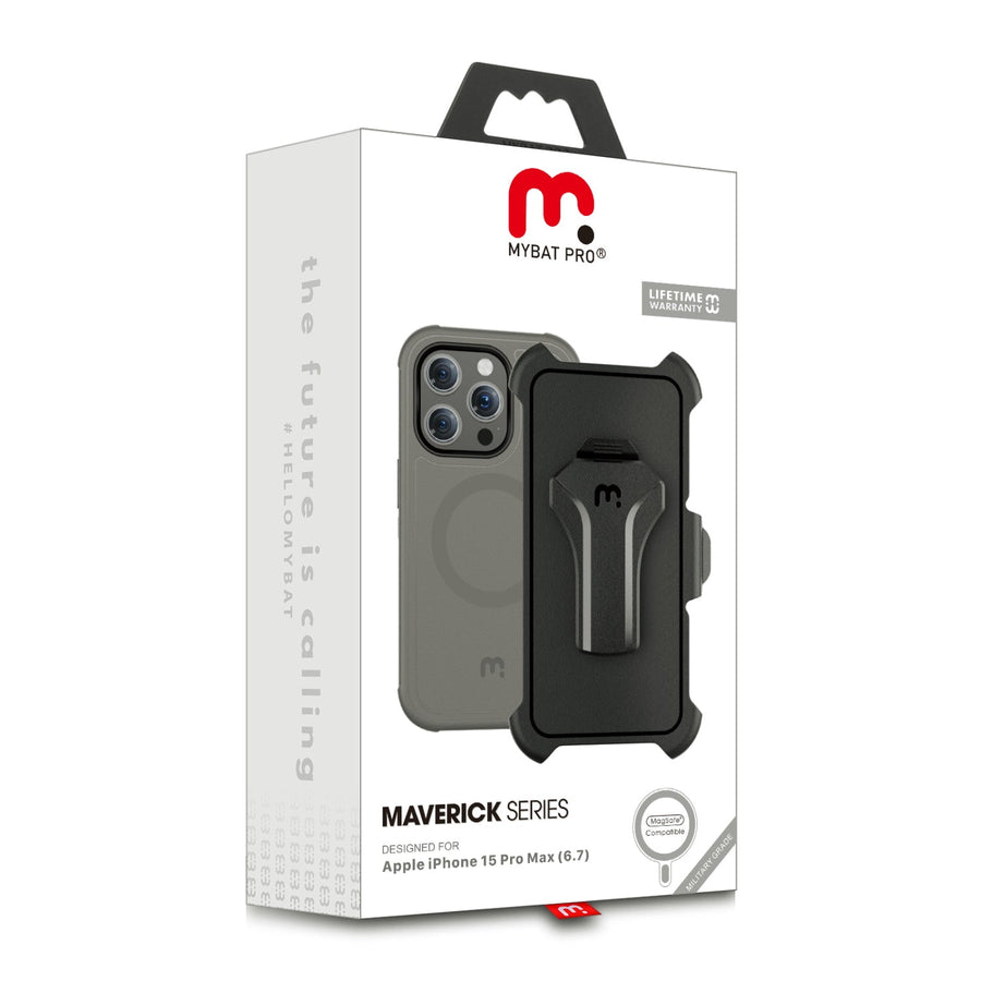 MyBat Pro Maverick Series MagSafe Case w/ Holster and Tempered Glass for Apple iPhone 15 Pro Max - Grey