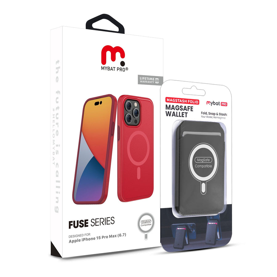 MyBat Pro Fuse Series Case Bundle + MagStash Wallet Folio for Apple iPhone 15 Pro Max - Red / Black