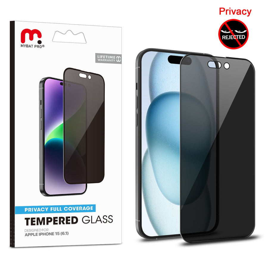 MyBat Pro Privacy Full Coverage Tempered Glass Screen Protector for Apple iPhone 15 - Black