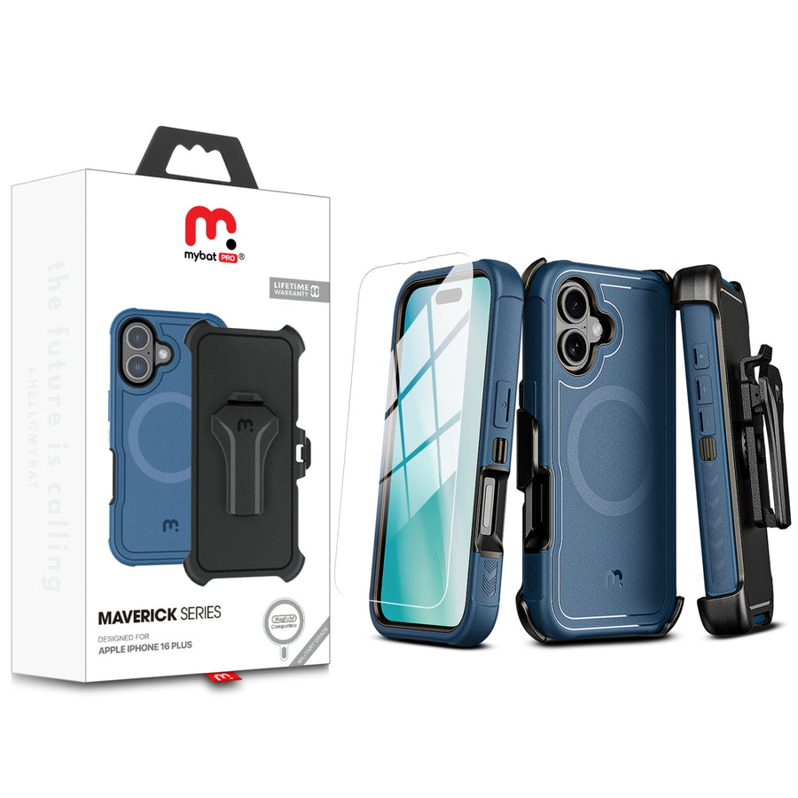 MyBat Pro Maverick Series MagSafe Case w/ Holster and Tempered Glass for Apple iPhone 16 Plus - Blue