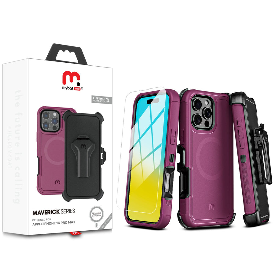 MyBat Pro Maverick Series MagSafe Case w/ Holster and Tempered Glass for Apple iPhone 16 Pro Max - Plum