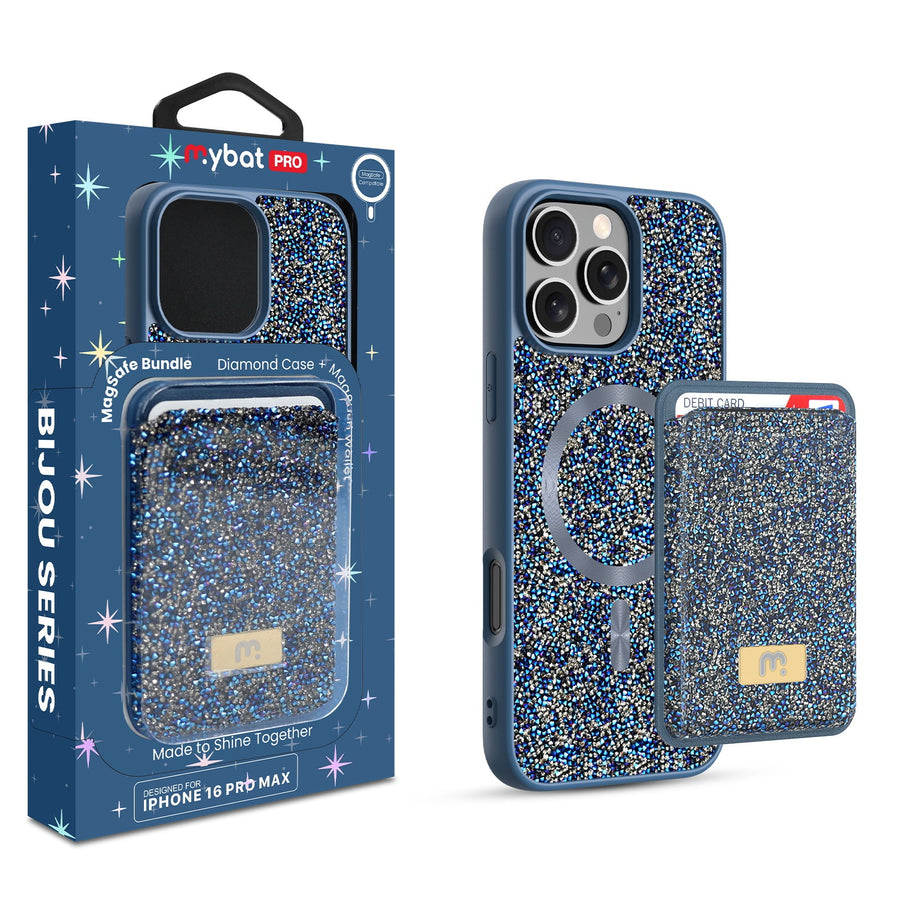 MyBat Pro Bijou Series MagSafe Bundle with Diamond Case + MagStash Wallet for Apple iPhone 16 Pro Max - Sapphire Blue