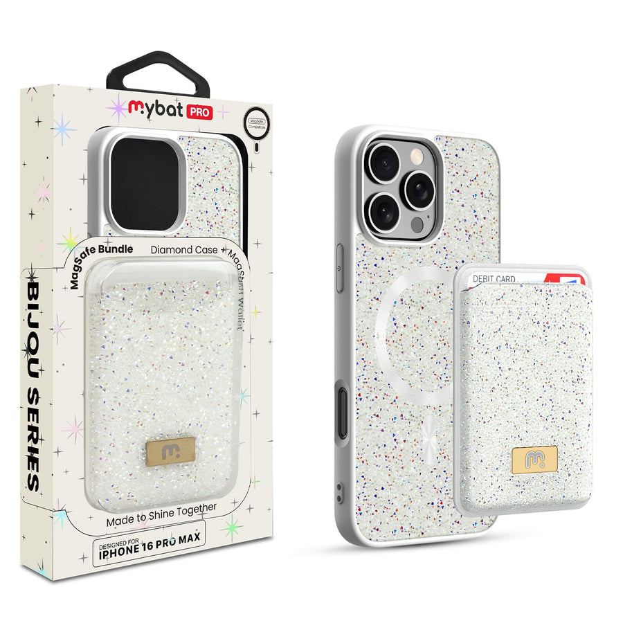 MyBat Pro Bijou Series MagSafe Bundle with Diamond Case + MagStash Wallet for Apple iPhone 16 Pro Max - Pearl White