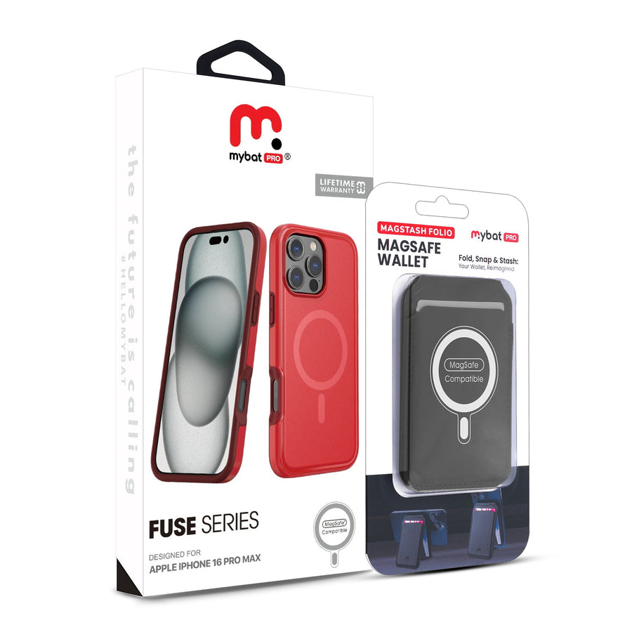 MyBat Pro Fuse Series Case Bundle + MagStash Wallet Folio for Apple iPhone 16 Pro Max - Red / Black