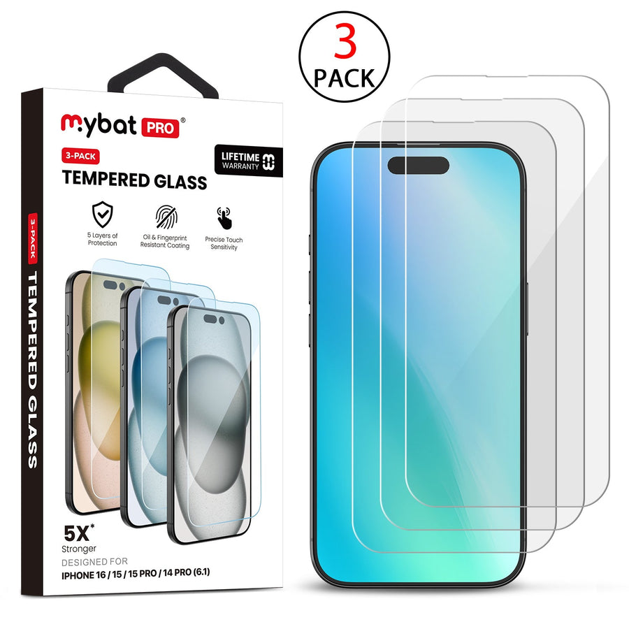 MyBat Pro Tempered Glass Screen Protector (2.5D)(3-pack) for Apple iPhone 16/iPhone 15 Pro / 15 - Clear