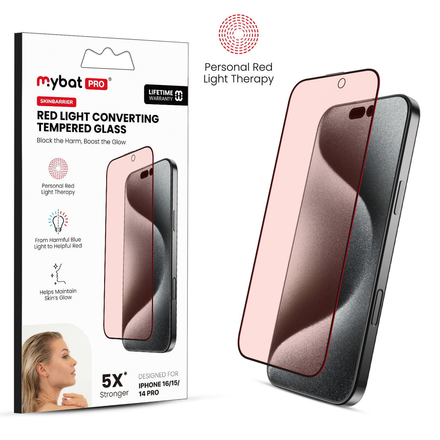 MyBat Pro SkinBarrier Red Light Converting Tempered Glass Screen Protector for Apple iPhone 16/iPhone 15 / 14 Pro - Black
