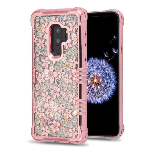 MyBat TUFF Quicksand Glitter Lite Hybrid Protector Cover for Samsung Galaxy S9 Plus - Rose Gold Electroplating / Hibiscus Flower / Silver Flowing Sparkles - SAMS9PLUSHPCTUFFQGLCH103WP-2.jpg