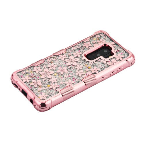 MyBat TUFF Quicksand Glitter Lite Hybrid Protector Cover for Samsung Galaxy S9 Plus - Rose Gold Electroplating / Hibiscus Flower / Silver Flowing Sparkles - SAMS9PLUSHPCTUFFQGLCH103WP-5.jpg