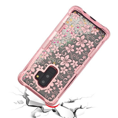 MyBat TUFF Quicksand Glitter Lite Hybrid Protector Cover for Samsung Galaxy S9 Plus - Rose Gold Electroplating / Hibiscus Flower / Silver Flowing Sparkles - SAMS9PLUSHPCTUFFQGLCH103WP-7.jpg