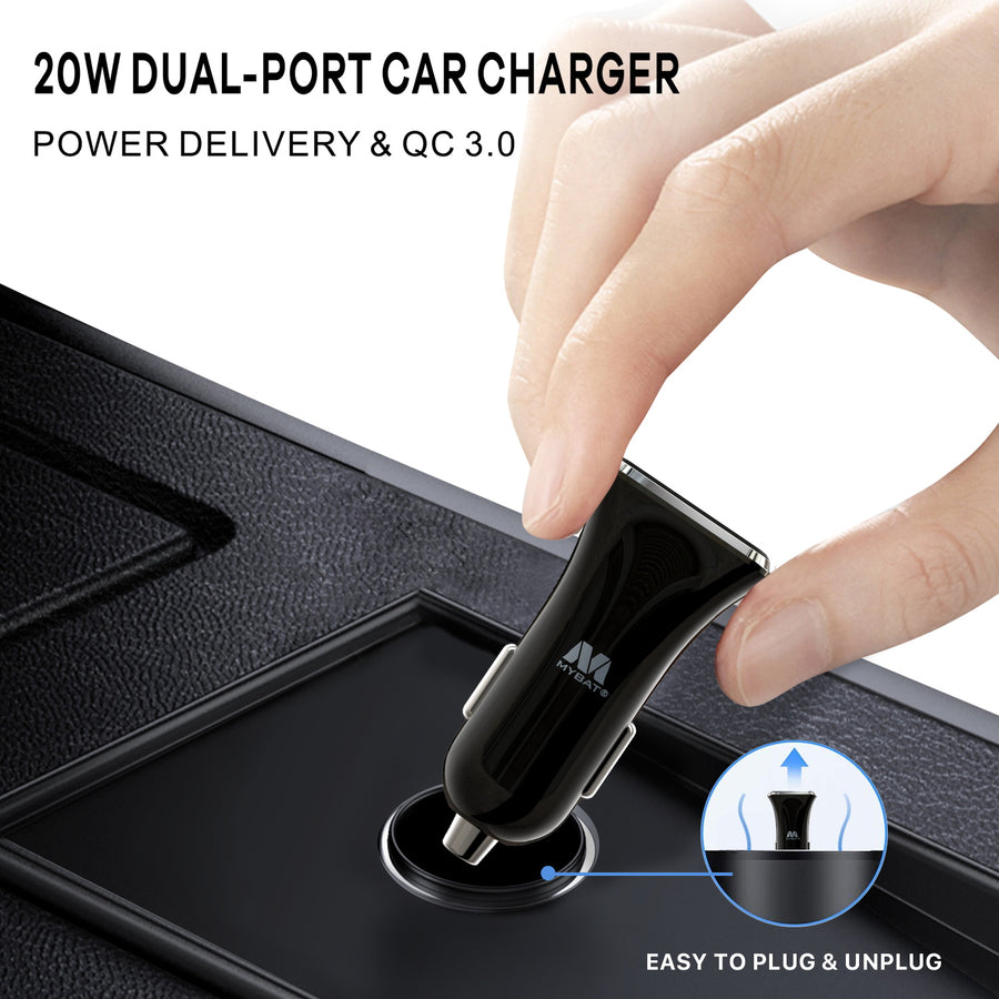 MyBat Fast Charging Car Charger with Dual Port USB-A QC3.0 and USB-C Power Delivery (20W) - Black - USBCHAGCARAD30-4.jpg