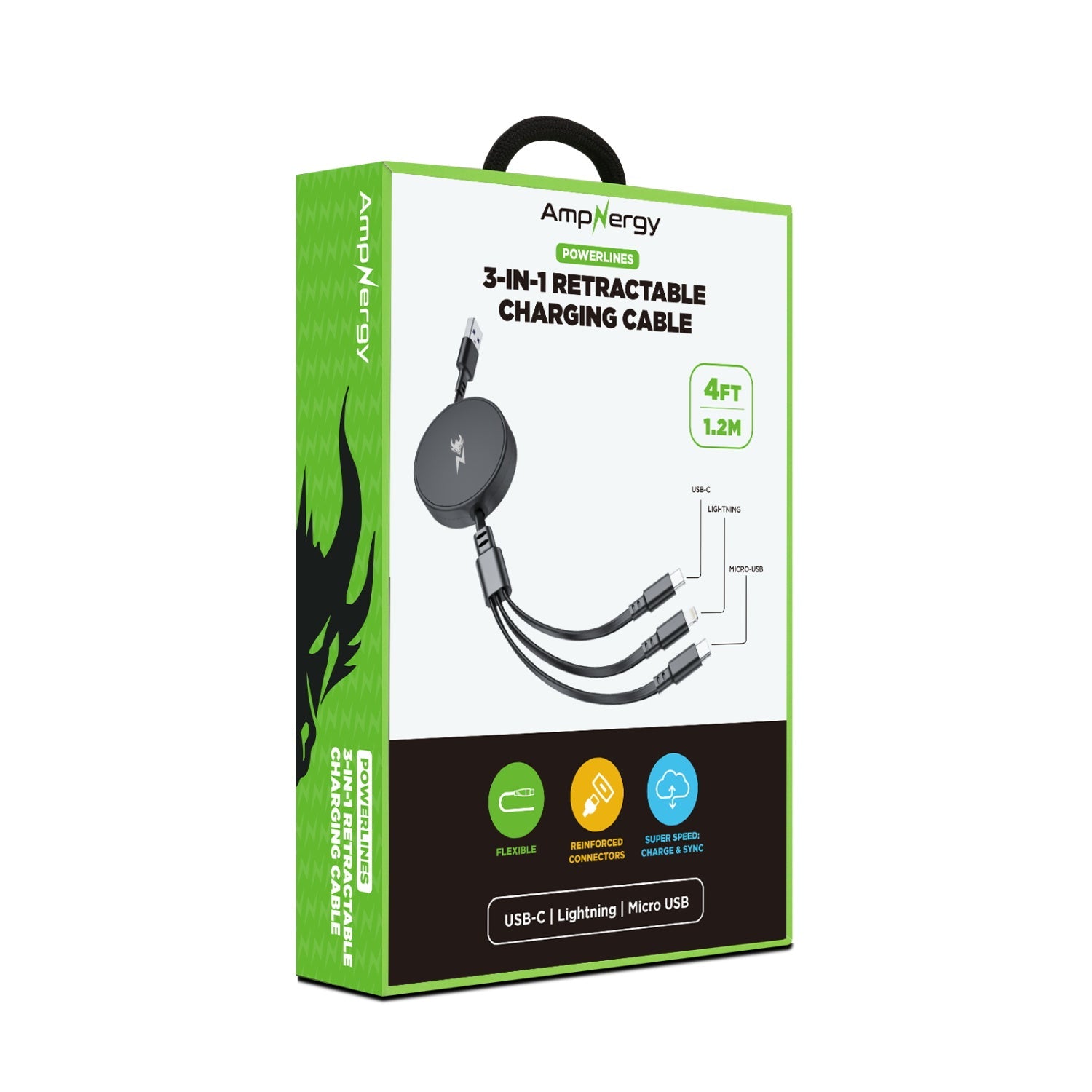 AmpNergy PowerLines 3-in-1 Retractable Charging Cable - 4FT - Black