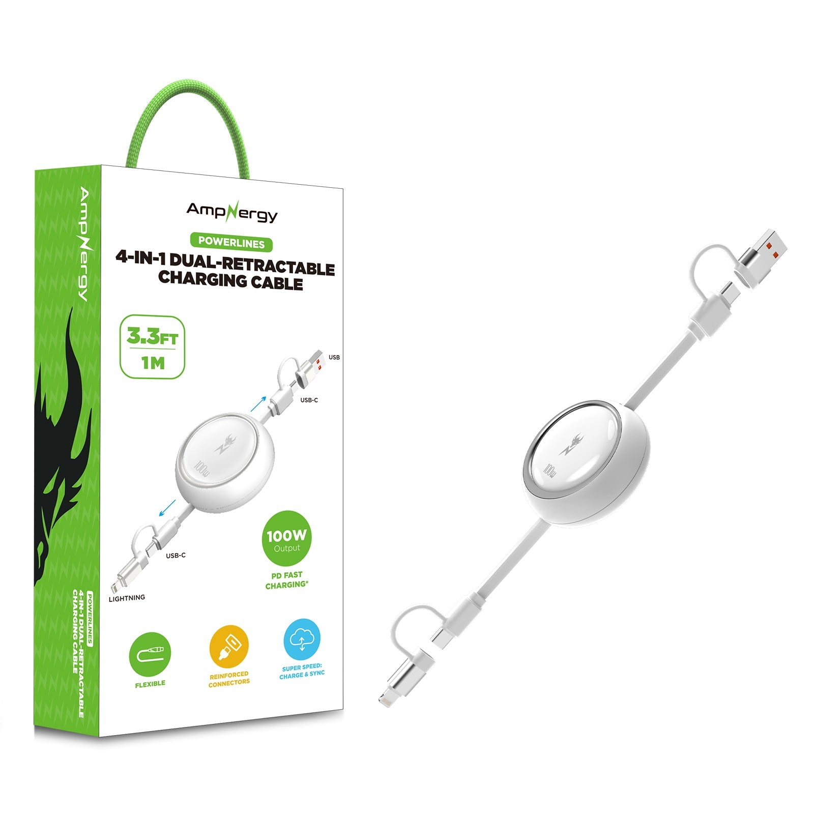 AmpNergy 100W PowerLines 4-in-1 Dual-Retractable Charging Cable - 3FT - White
