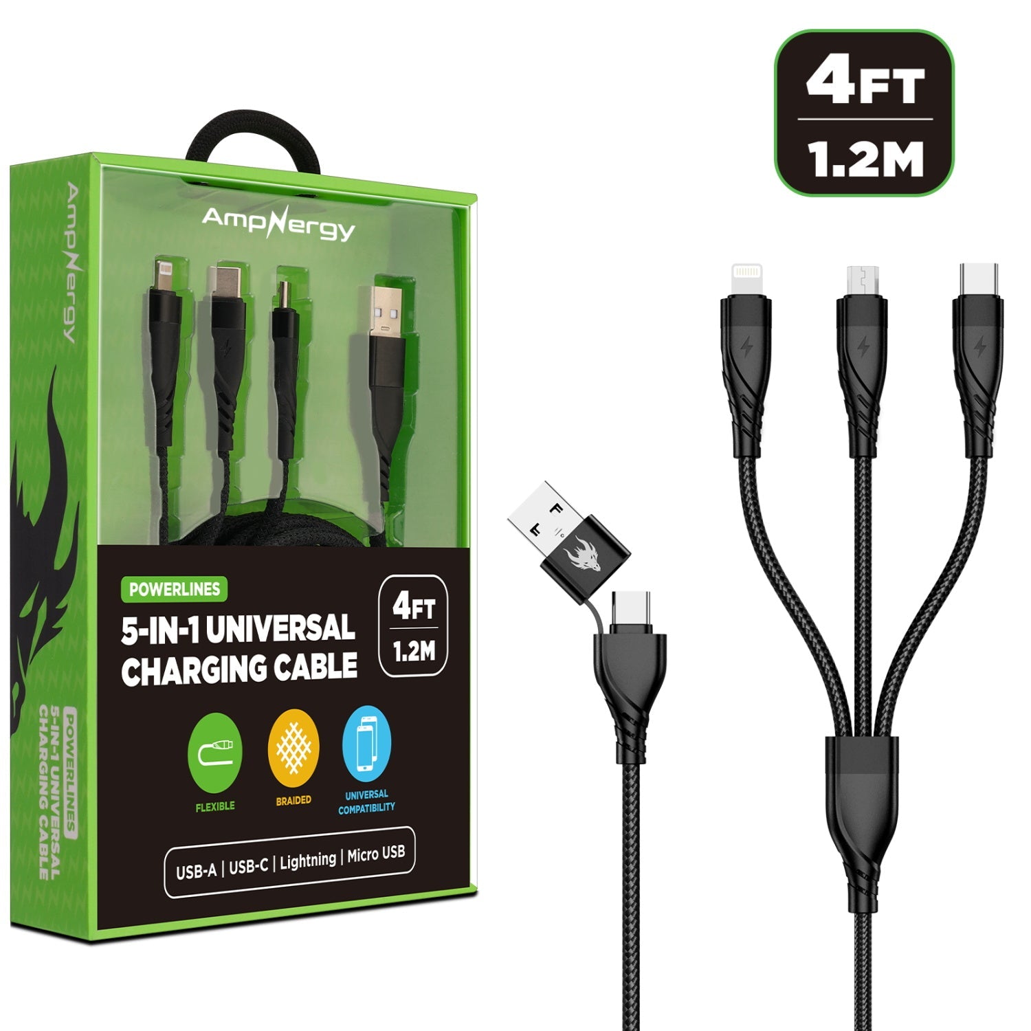 AmpNergy PowerLines 5-in-1 Universal Charging Cable - 4FT - Black