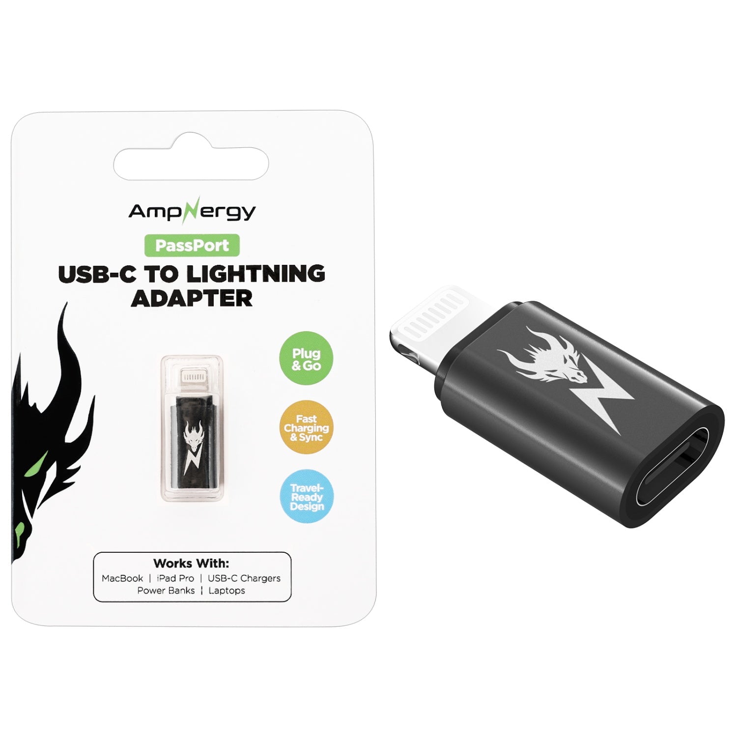 AmpNergy PassPort USB-C to Lightning Adapter - Black