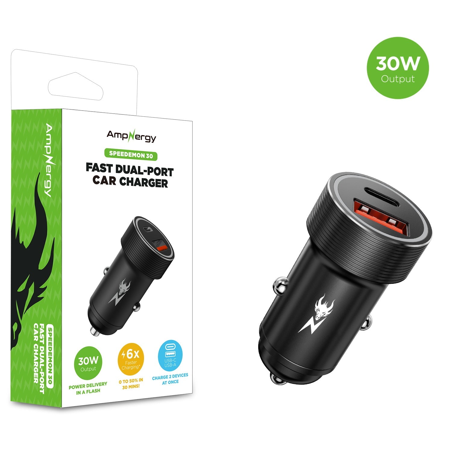 AmpNergy Speedemon 30W Fast Dual-Port Car Charger - Black