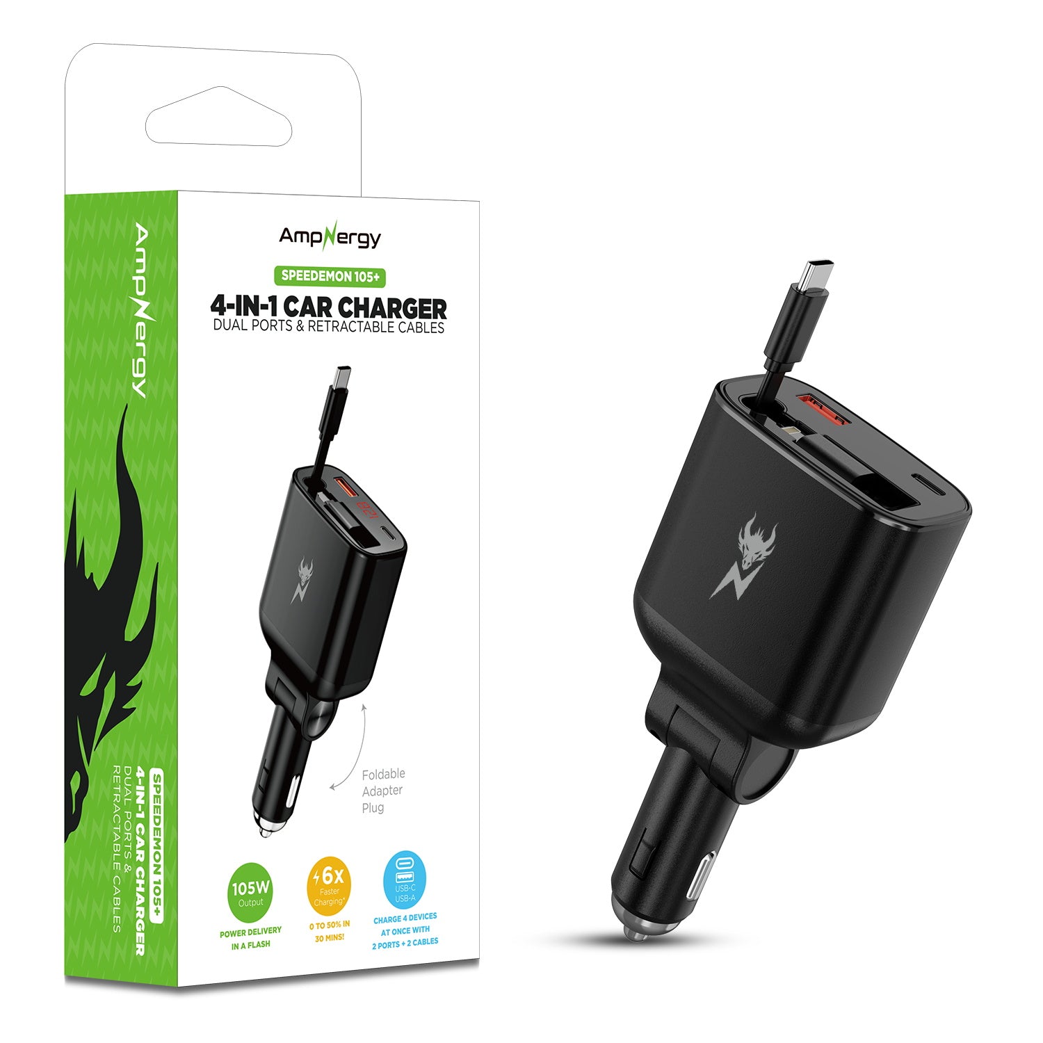 AmpNergy Speedemon 105W 4-in-1 Car Charger w/ Dual Ports & Retractable Cables - Black