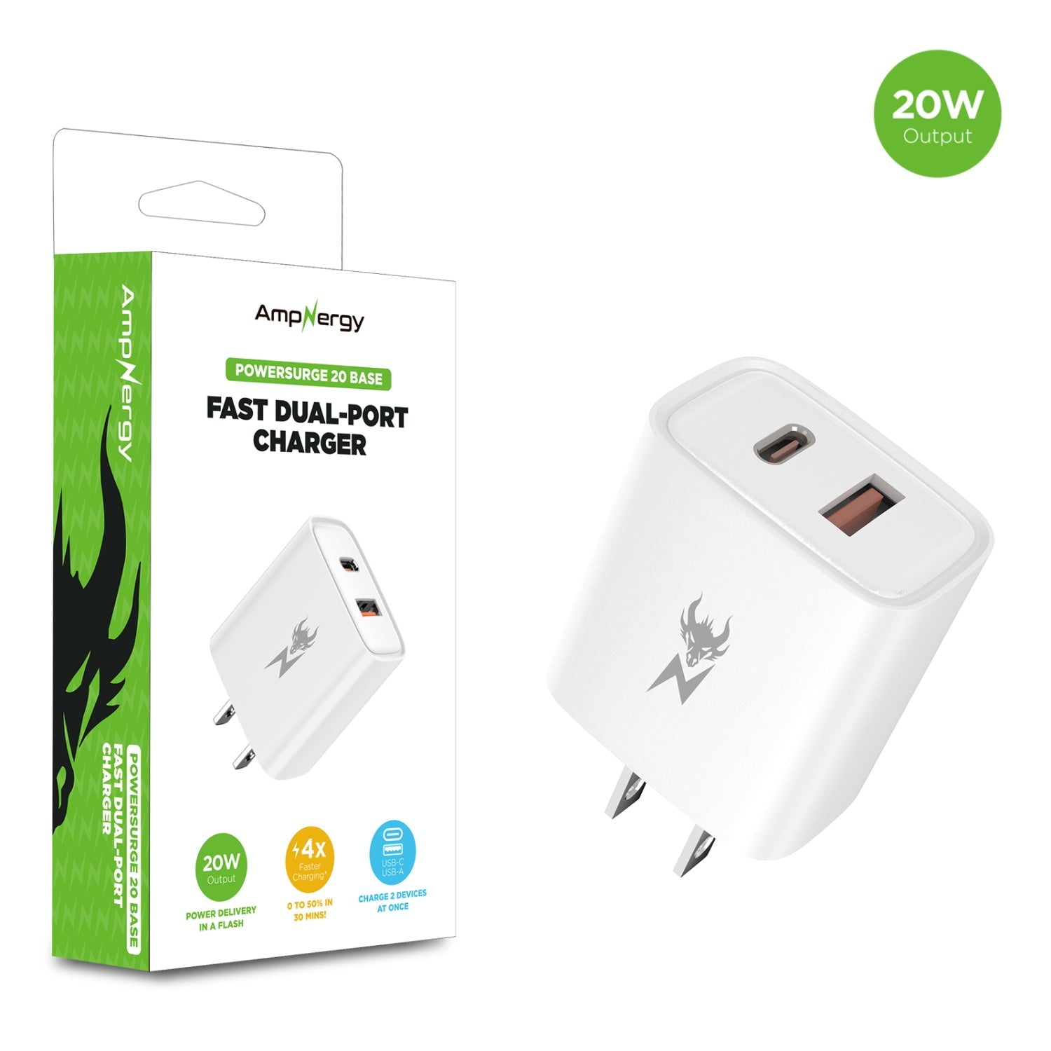 AmpNergy PowerSurge 20W Fast Dual-Port Charger - White