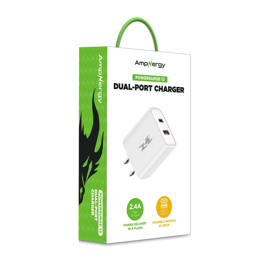 AmpNergy PowerSurge 12W Dual-Port Wall Charger (USB-C + USB-A) - White