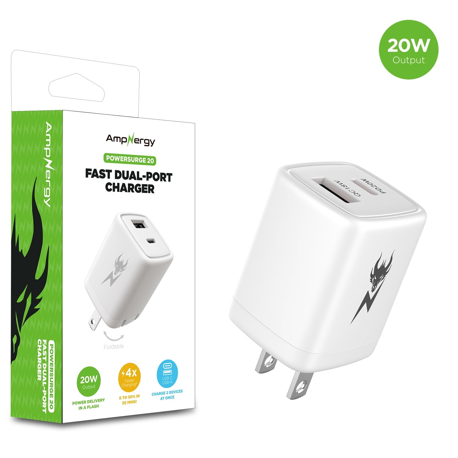 AmpNergy PowerSurge 20W Fast Dual-Port Charger w/ Foldable Plug - White