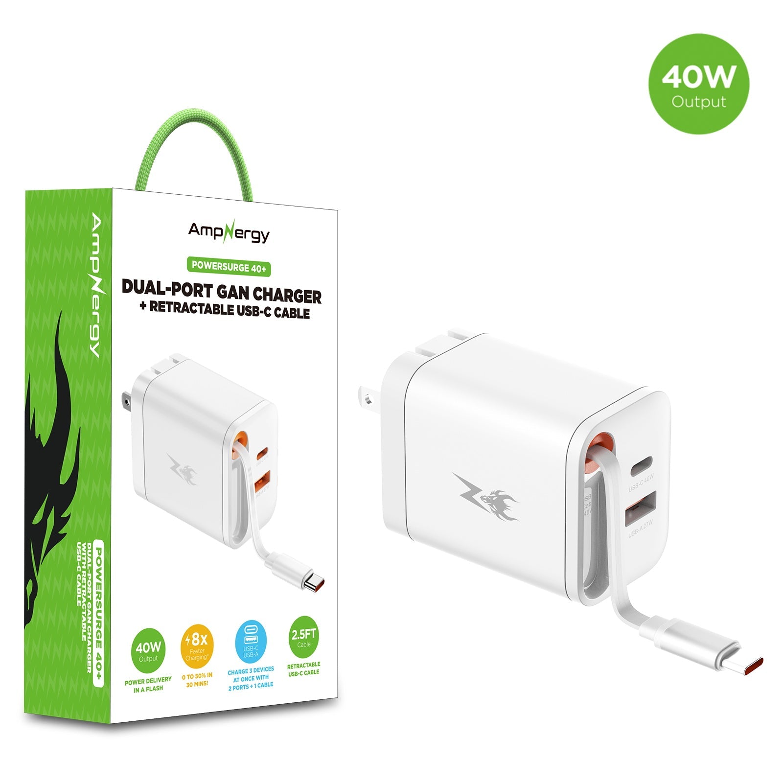 AmpNergy PowerSurge 40W+ Dual-Port GaN Charger with Retractable USB-C Cable - White
