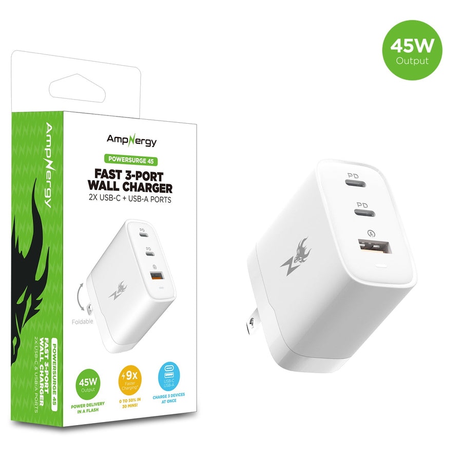 AmpNergy PowerSurge 45W Fast 3-Port Charger w/ Foldable Plug - White