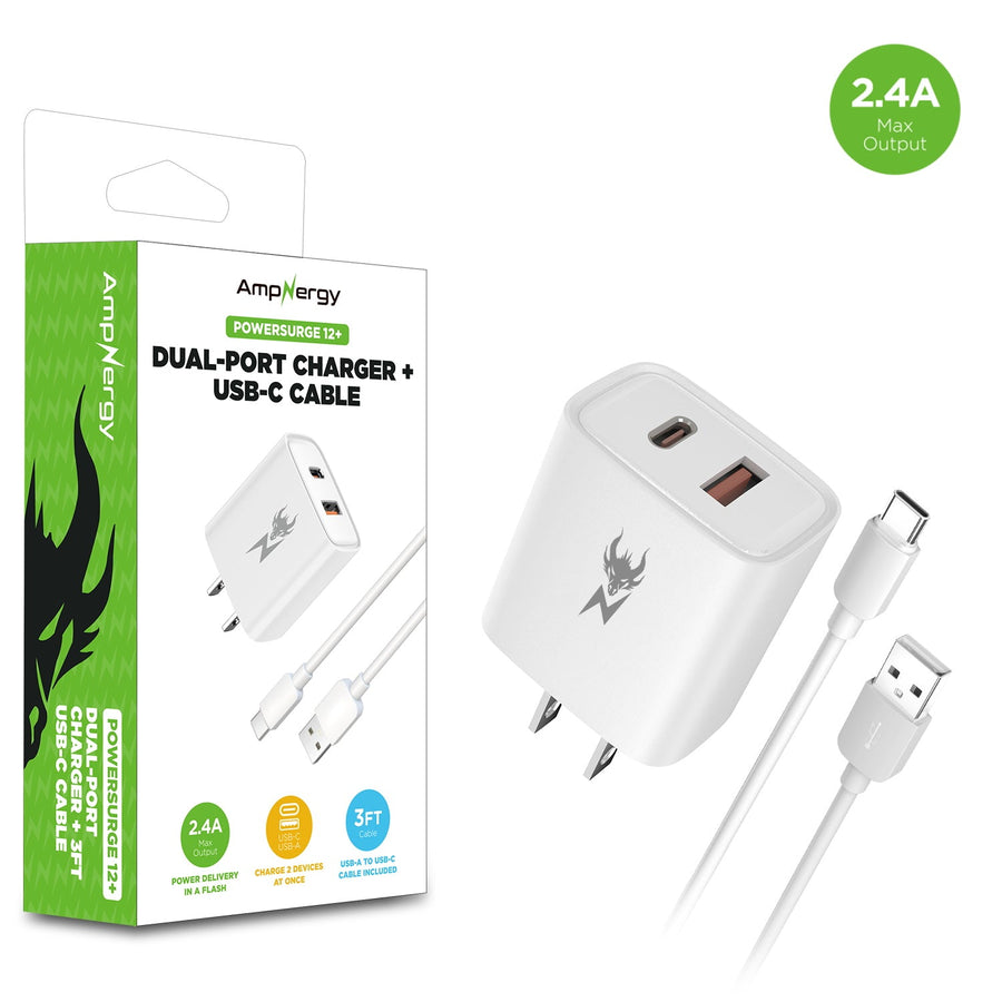 AmpNergy PowerSurge 12W Dual-Port Wall Charger with USB-A to USB-C Cable - White