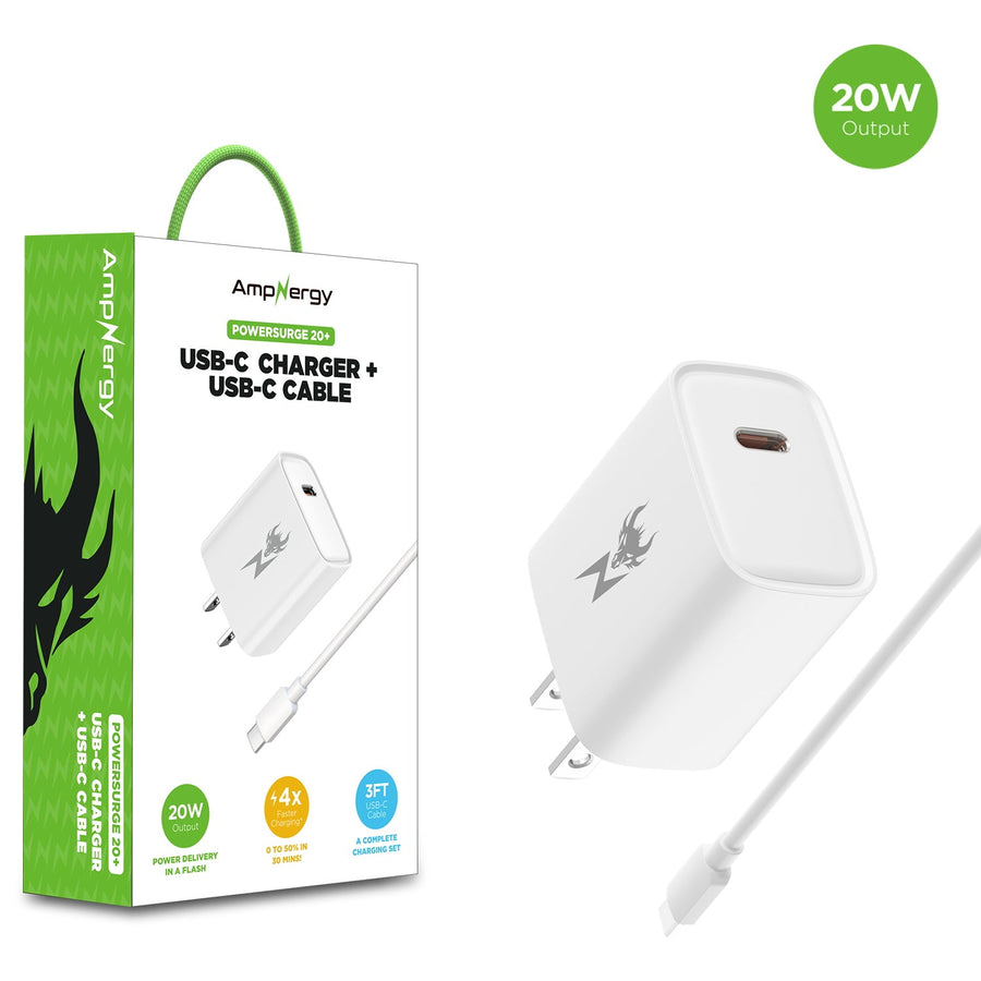 AmpNergy PowerSurge 20W USB-C Charger with USB-C to USB-C Cable - White