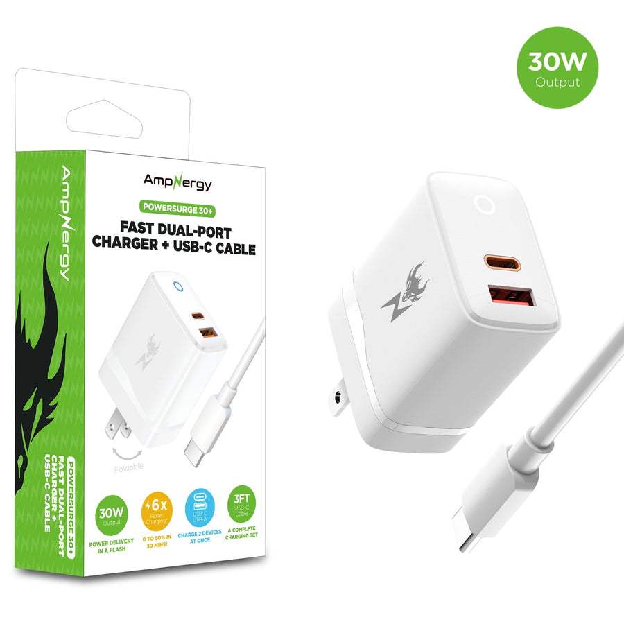 AmpNergy PowerSurge 30W Fast Dual-Port Charger w/ Foldable Plug with USB-C to USB-C Cable - White