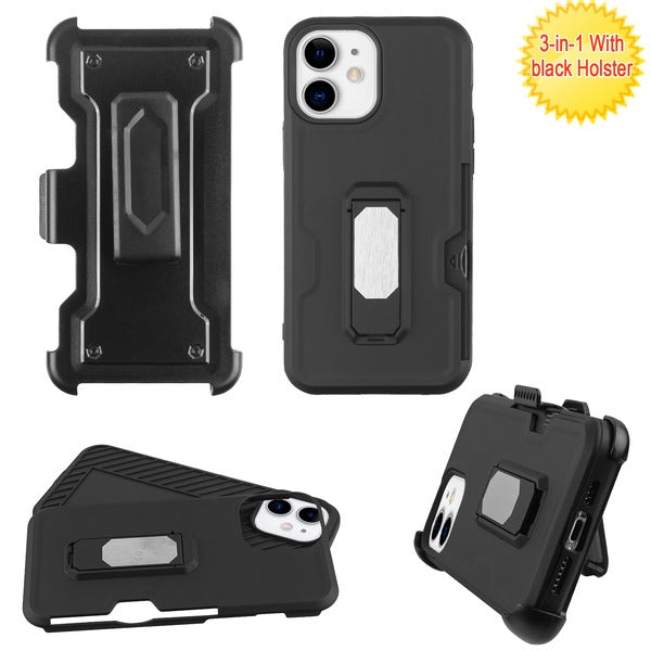 Asmyna Grip Stand Protector Case Combo (with Black Holster)(with Card Wallet) for Apple iPhone 12 mini - Black / Black